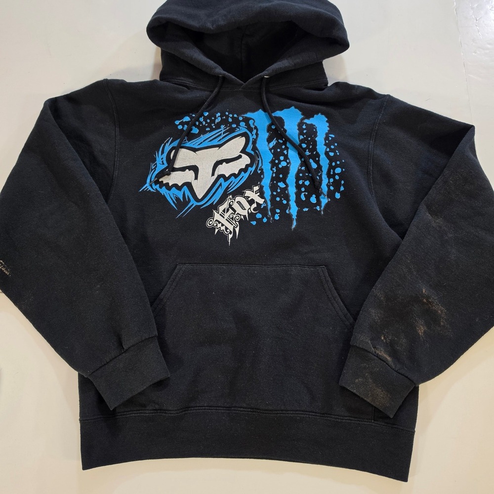 Fox Racing Mens Graphic Hoodie Black Blue Logo Pullover Sweatshirt Small
